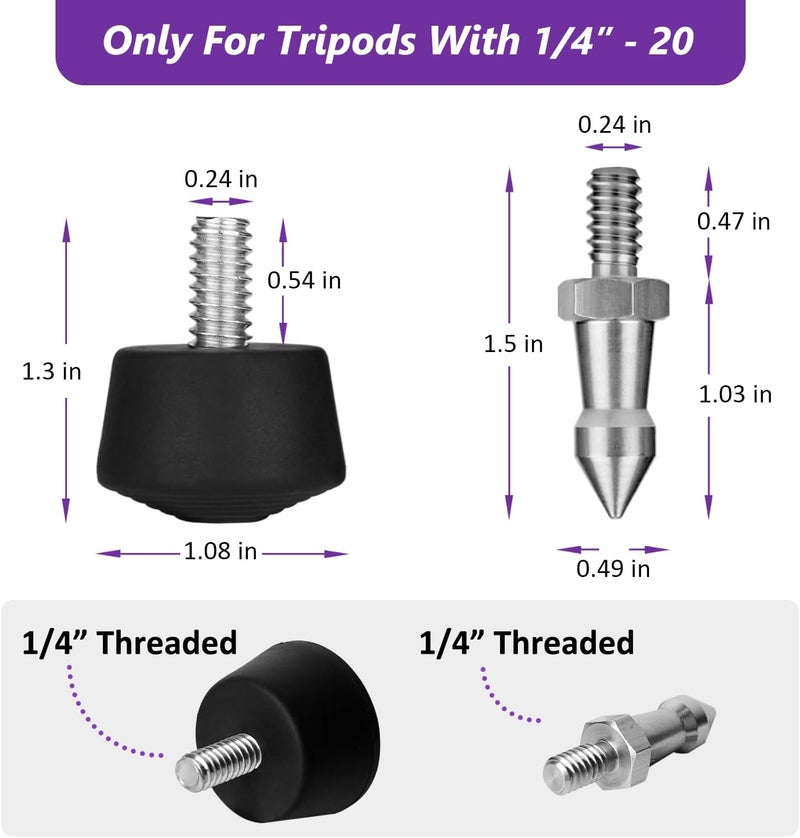 Rigych 6 Pcs Tripod Spike Feet 1/4-20 Thread Rubber Feet Universal Anti-Slip & Stainless Steel Spike Tripod Feet Replacement Parts - Image 2